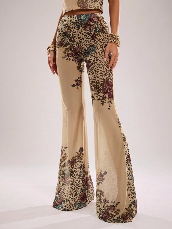 Pants - Yellow Elegant Women's Low Waist Mesh Pattern Print Flare Pants